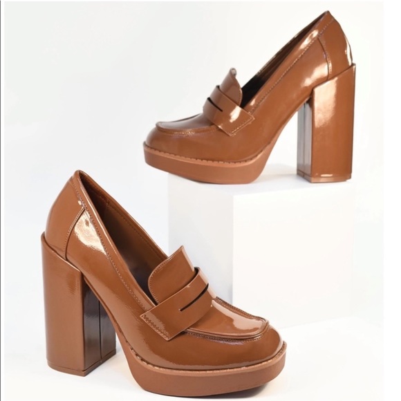 Tan Super Chunky Heel Penny Loafers - Picture 4 of 9